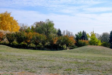 Sonbahar tepeciği, mavi gökyüzüne karşı sarı ve kırmızı ağaçlarla kaplı.