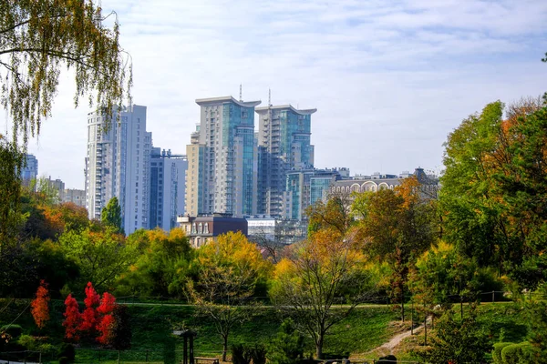 Widok Dzielnicę Mieszkalną Miasta Kijowa Pobliżu Ogrodu Botanicznego Jesienny Pochmurny — Zdjęcie stockowe