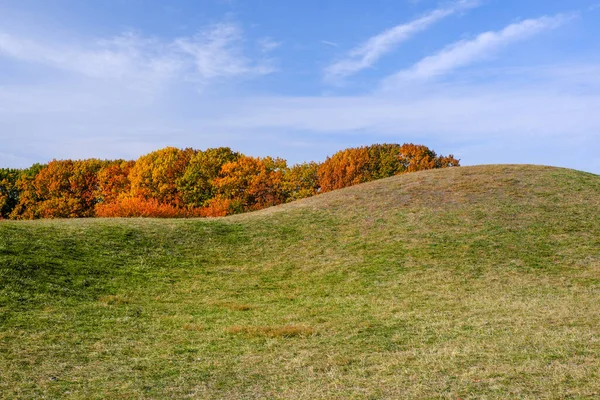 Autumn Hilly Landscape Yellow Red Trees Blue Sky — Stock Photo, Image