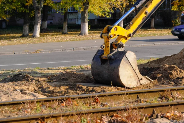 Wymiana Starych Torów Tramwajowych Kijowie Październik 2021 Przygotowanie Układania Nowych — Zdjęcie stockowe