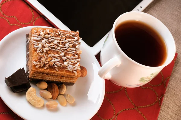 Flat Lay Cup Strong Black Tea Waffle Nut Cake Next — Stock Photo, Image