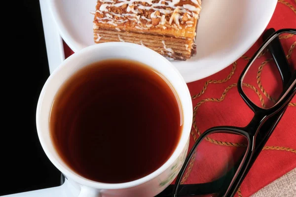 Flat Lay Cup Strong Black Tea Waffle Nut Cake Next — Stock Photo, Image