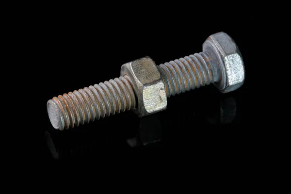 Old Used Bolt Nut Black Mirror Background Close Macro Photography — Stock Photo, Image