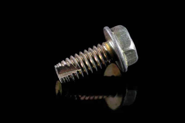 Old Used Bolt Black Mirrored Background Close Macro Photography — Stock Photo, Image