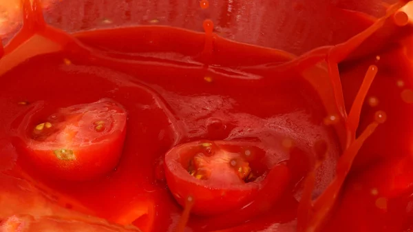 Fundo Supermercado Vermelho Suco Tomate Com Tomate Splash Close — Fotografia de Stock