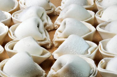 Çiğ donmuş ravioli, tavuk göğsü eti, yüzeyinde buz kristalleri, yakın plan.