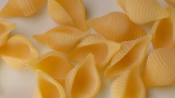 デュラム小麦パスタとともに卵の形で貝殻クローズアップ上のホワイトプレートビデオクリップ — ストック動画