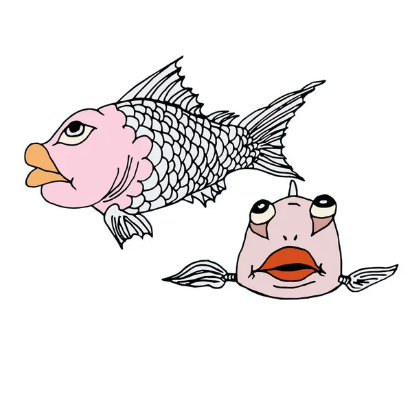 Humorous Cartoon Vector Freehand Drawing Sea Animals Two Fishes Blue — Stock Photo, Image