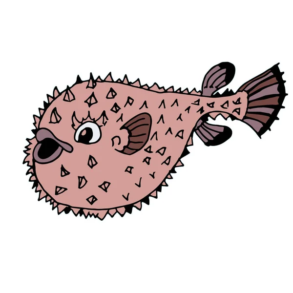 Humorous Cartoon Vector Freehand Drawing Sea Animals Puffer Fish Blue — Stock Photo, Image