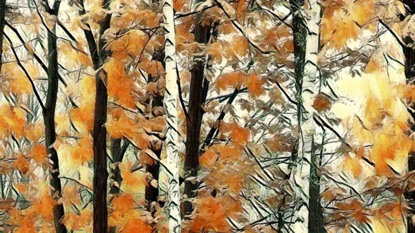 Künstlerische Illustration Malerei Digitale Computerbearbeitung Der Foto Herbstlandschaft Mit Zwei — Stockfoto