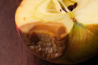 Çürümüş elmanın yarısı siyah ahşap bir arka planda.