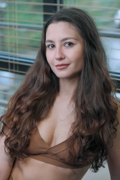 Portrait Young Beautiful Girl Long Wavy Hair Light Brown Lingerie — Stockfoto