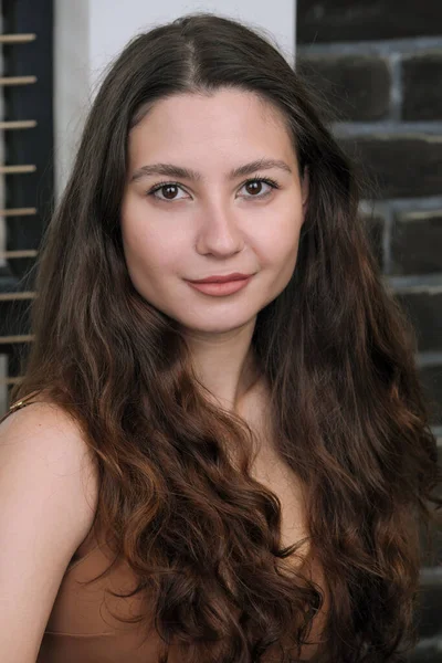 Portrait Young Beautiful Girl Long Wavy Hair Light Brown Lingerie — Stockfoto