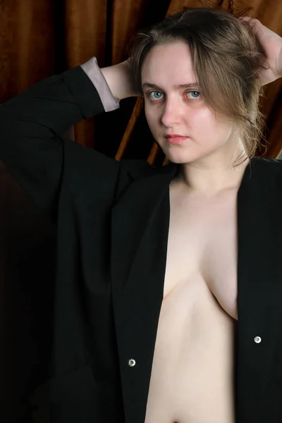 Young Pretty Attractive Brown Haired Girl Black Jacket Naked Body — Fotografia de Stock