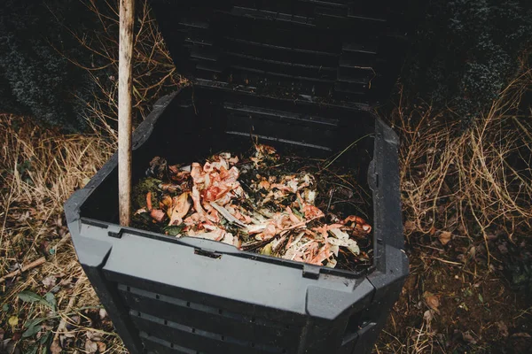 Black Plastic Composter Bin Kitchen Garden Leftovers — Stock Photo, Image