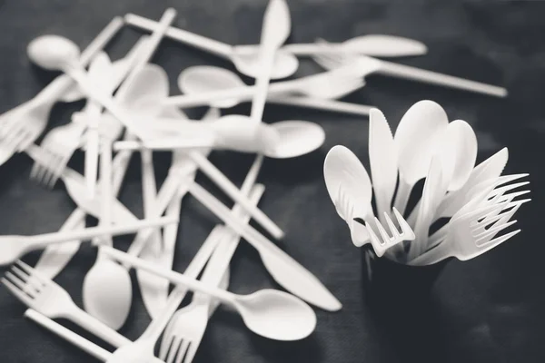 stock image Disposable plastic cutlery, forbidden in European Union