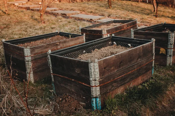 Hochbeete Garten Vor Der Saison Permakultur Konzept — Stockfoto