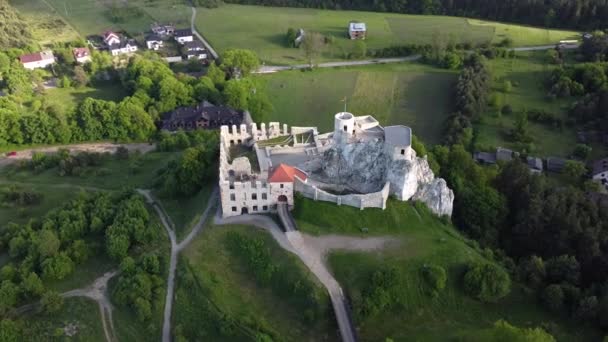 Ruínas Castelo Rabsztyn Polônia Trilha Jurássica Polaca Vista Para Drones — Vídeo de Stock