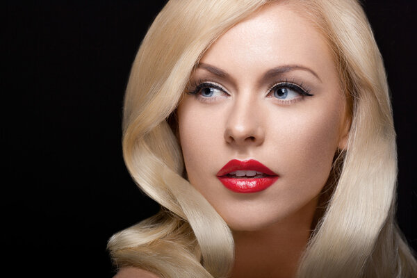 close up studio portrait of stylish blonde