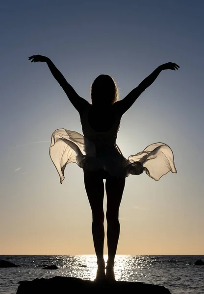 Silhueta mulher feliz livre à beira-mar — Fotografia de Stock