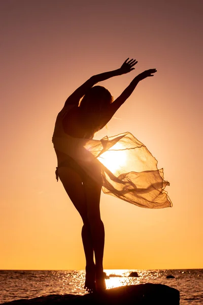 Silhouette femme heureuse libre au bord de la mer — Photo