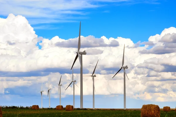風力発電機と hayfields — ストック写真