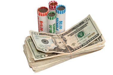 Stack of USA Currency and Rolls of Coins clipart