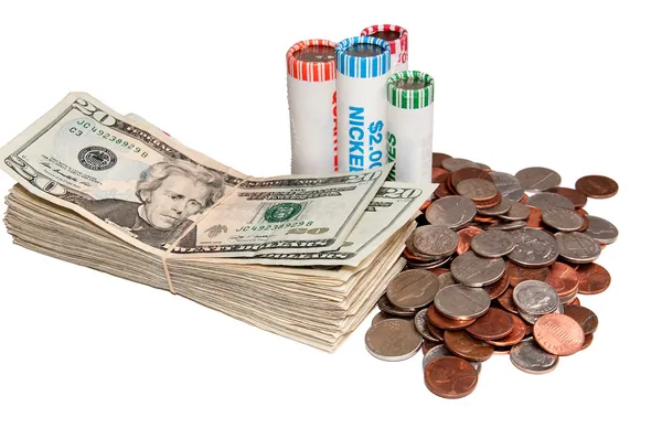 Stack of USA Currency and Rolls of Coins — Stock Photo, Image