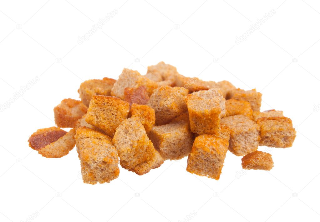 Baked croutons on a white background