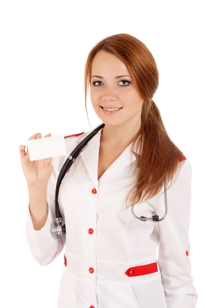 Γυναίκα γιατρό, κρατώντας μια κενή κάρτα — Φωτογραφία Αρχείου