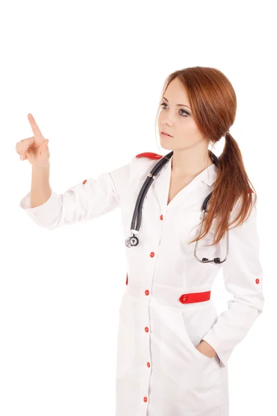 Mladý ženský lékař touchung virtuální obrazovky — Stock fotografie