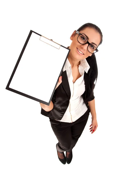 Funny portrait of woman holding clip board — Stock Photo, Image