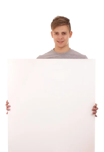 Retrato de jovem com placa em branco — Fotografia de Stock