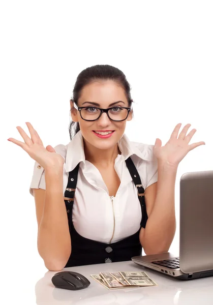 Attractive young businesswoman gives money — Stock Photo, Image