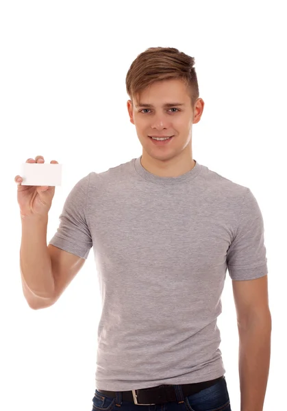 Young man holding businesscard — Stock Photo, Image