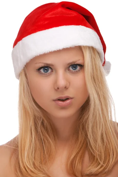 Junge blonde Frau mit Weihnachtsmann-Hut — Stockfoto