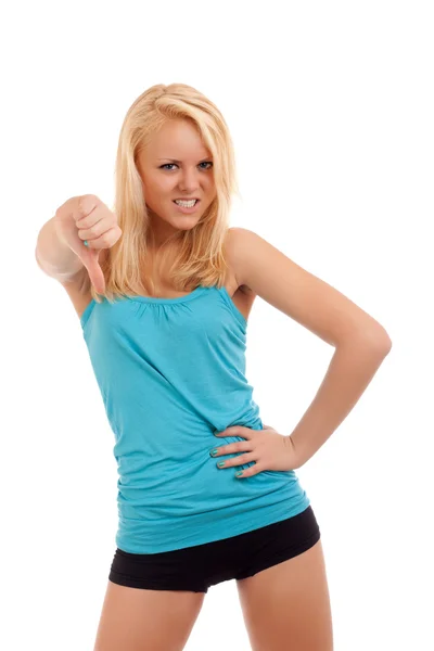 Young blond woman showing thumb down — Stok fotoğraf