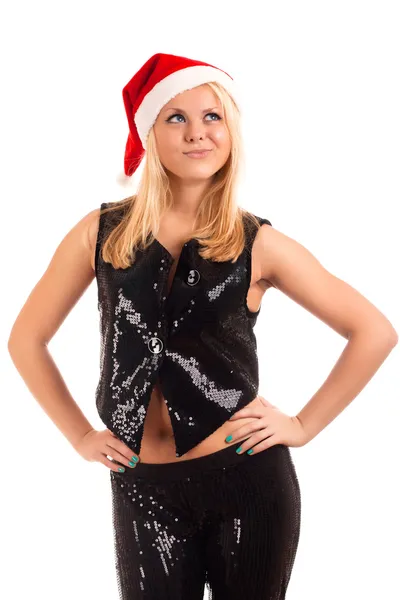 Sexy giovane donna bionda a Babbo Natale cappello — Foto Stock