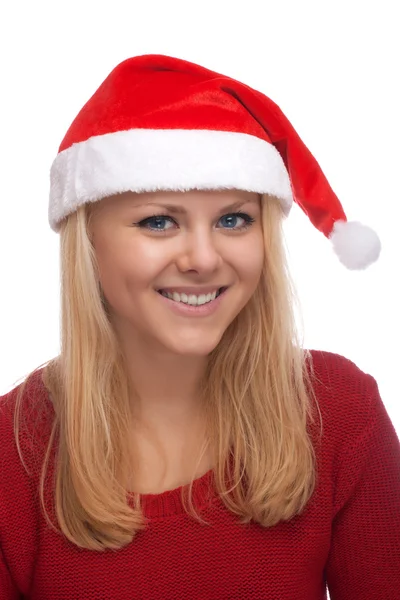 Junge blonde Frau mit Weihnachtsmann-Hut — Stockfoto