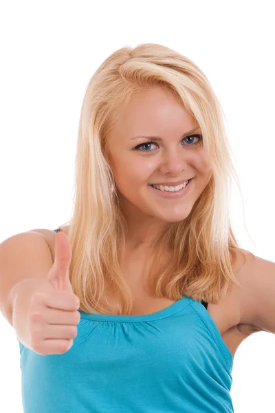 Young blond woman showing thumb up — Stockfoto