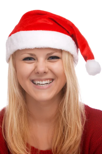 Ung blond kvinna i santa hatt — Stockfoto