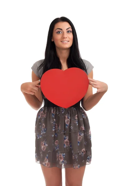 Vrouw met de dag van Valentijnskaarten hart teken — Stockfoto