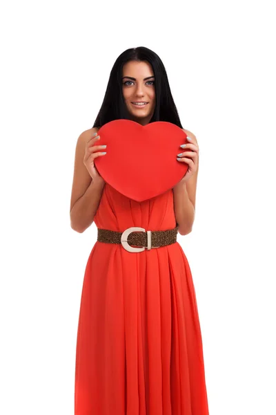 Mujer sosteniendo San Valentín signo del corazón — Foto de Stock