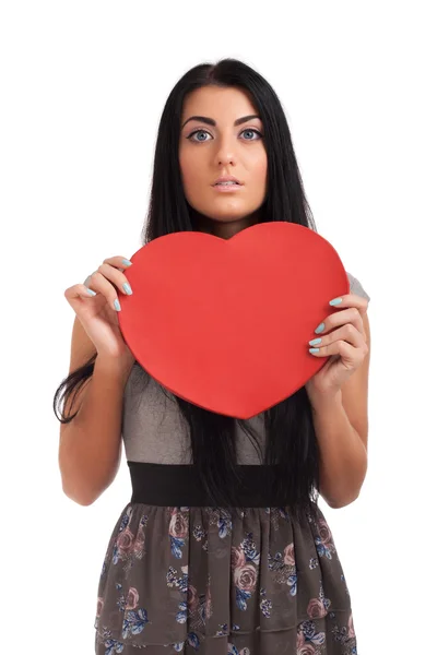 Kobieta trzyma znak serca Walentynki — Zdjęcie stockowe