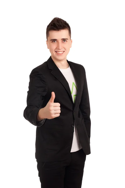 Young man in black coat show thumb up — Stock Photo, Image