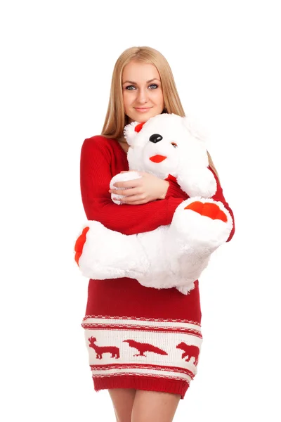 Blonde woman posing with toy bear — Stock Photo, Image