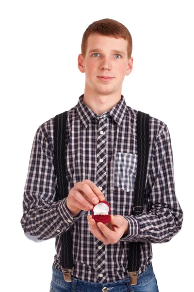 Man holding box with wedding ring — Stock Photo, Image