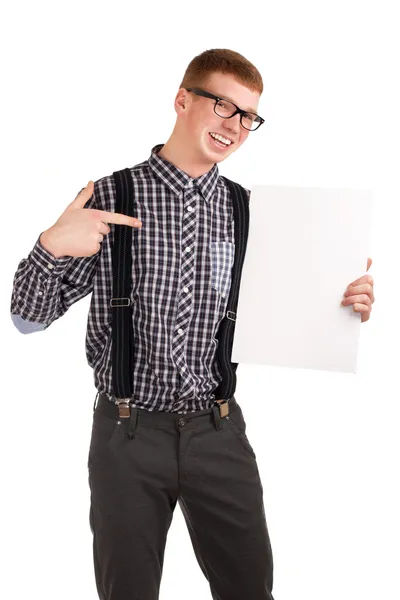 Retrato de um jovem com placa em branco — Fotografia de Stock