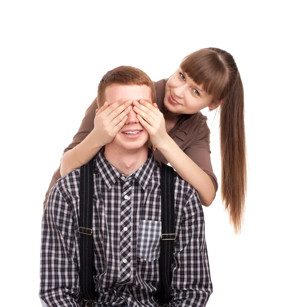 Woman covering mans eyes — Stock Photo, Image