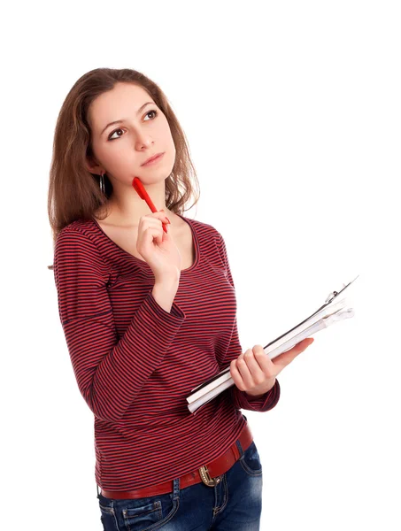 Vrouwelijke student met Klembord denken — Stockfoto